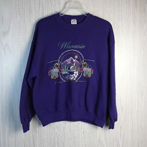 Vintage Wisconsin Sweatshirt Men's XL 90s Jerzees Crewneck Purple Graphic Print.